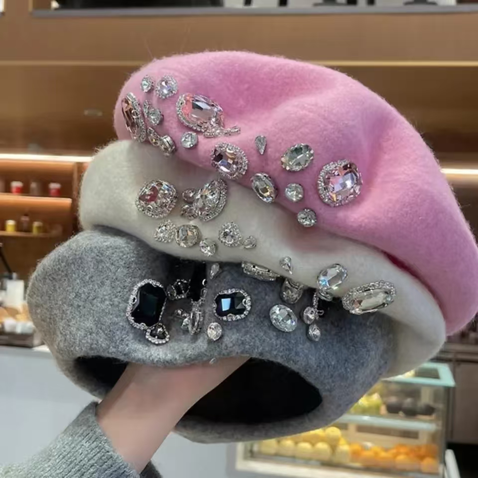 French Beret Thick Rhinestone  - Beret French Wool 评论和价格