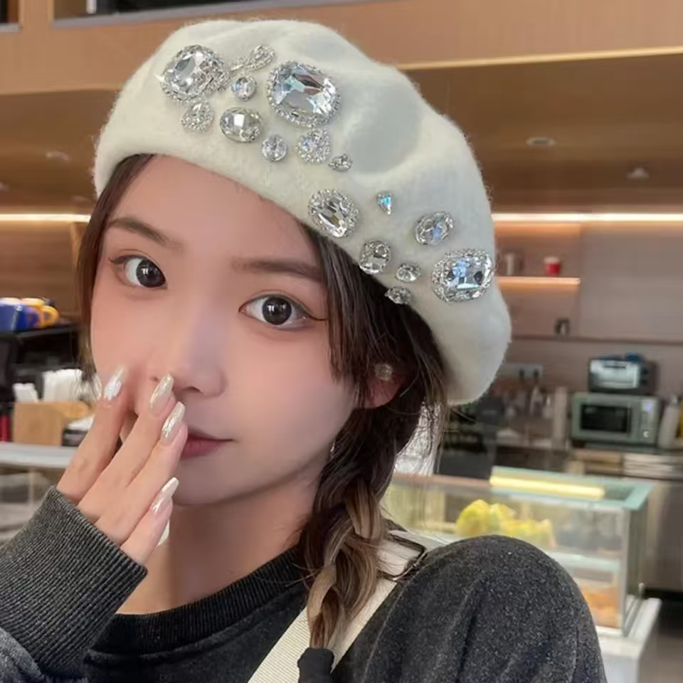 French Beret Thick Rhinestone  - Beret French Wool 评论和价格
