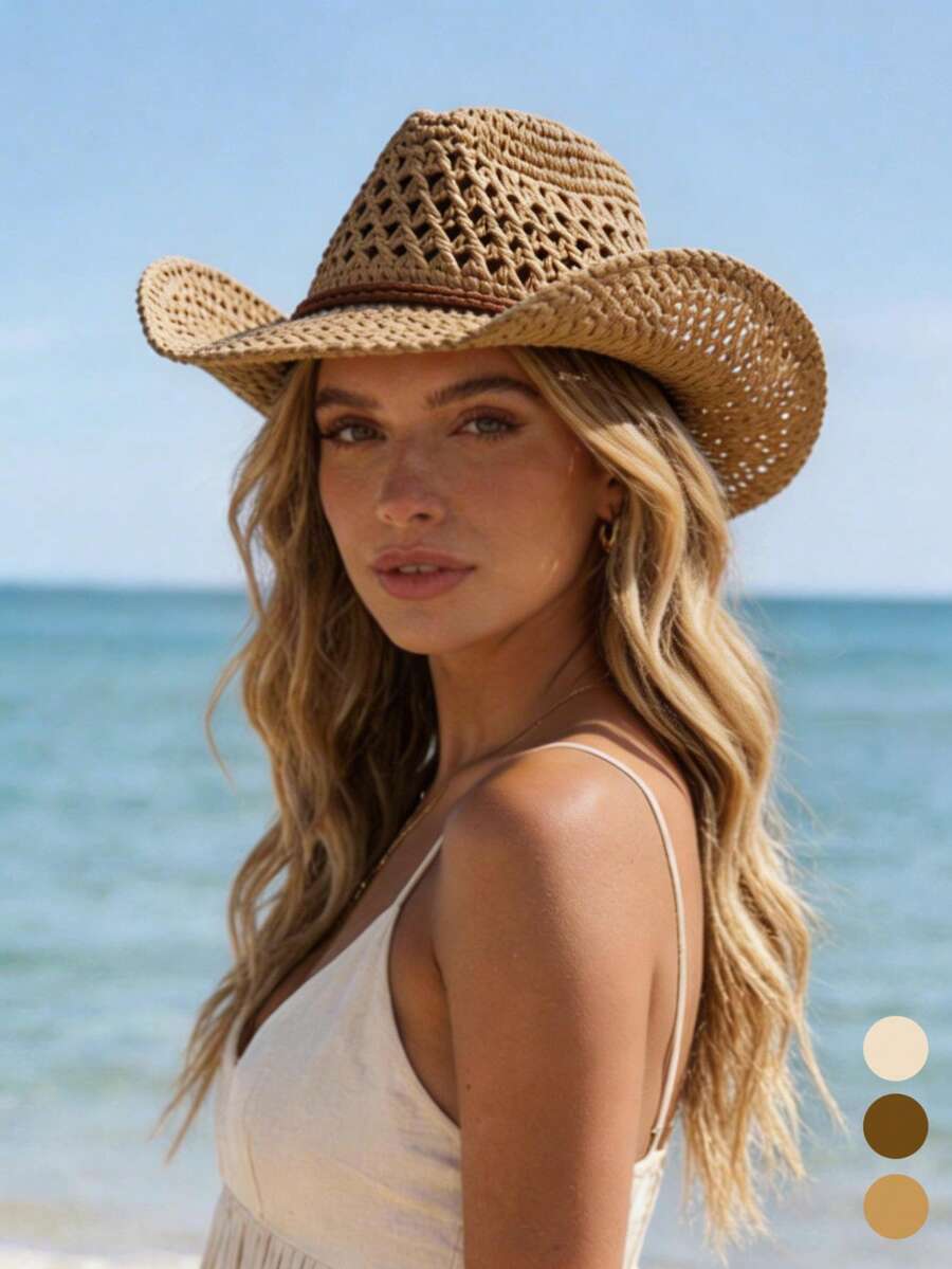 Bohemian Hollow Out Straw Cowb - Cowboy Hat Straw 评论和价格