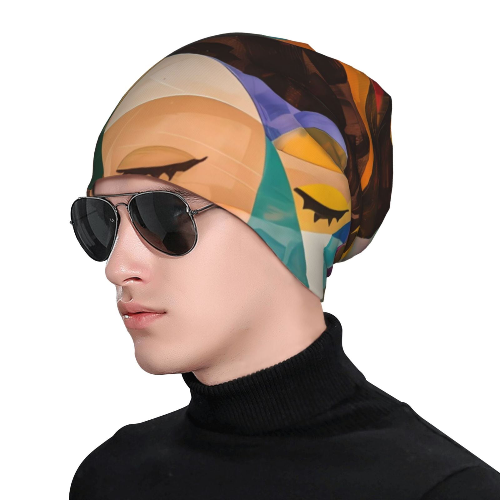 Abstract Musical Faces Printed - Beanie Cuffed Knit 评论和价格