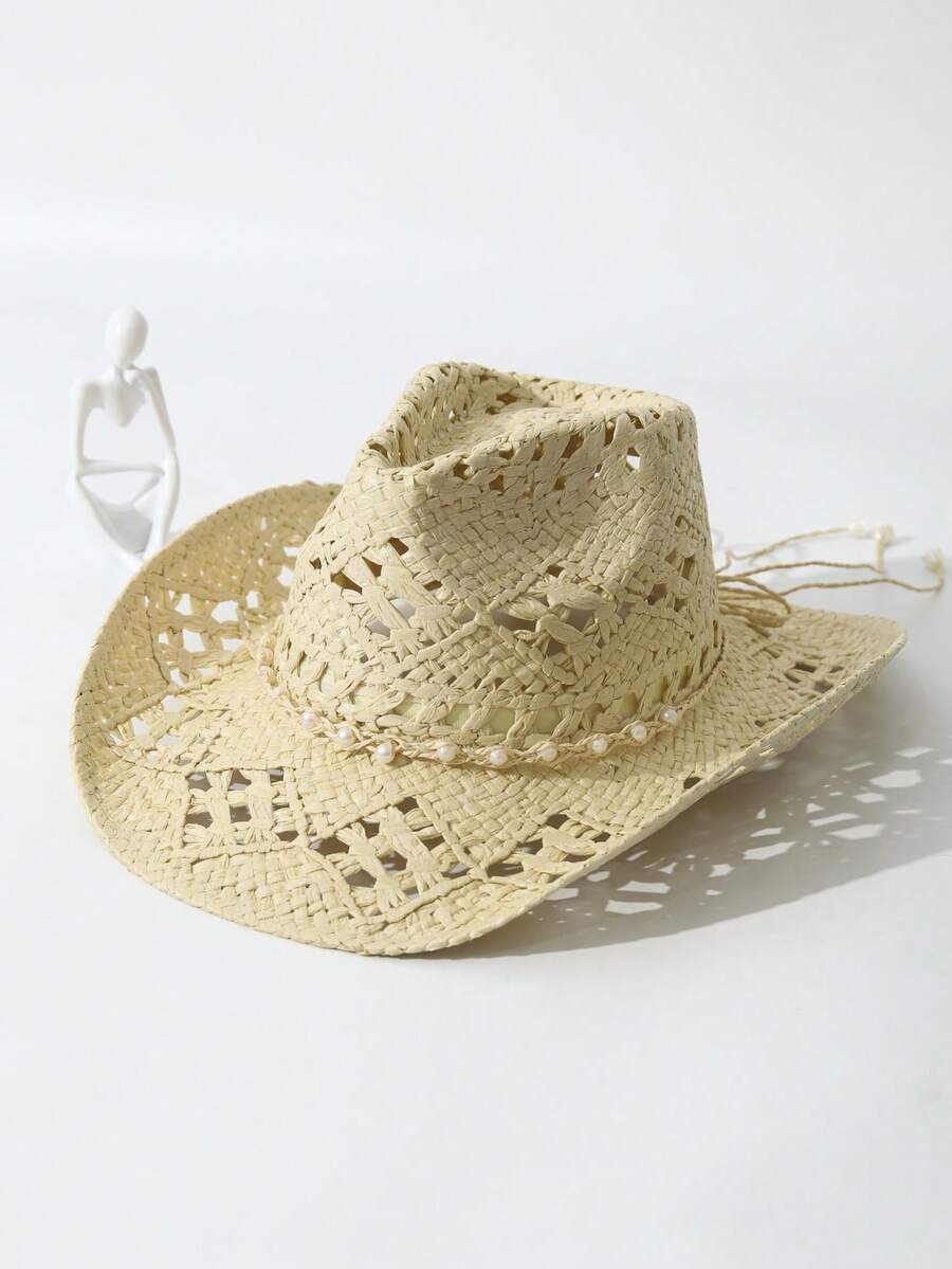Unisex Pearl Decorated Hollow  - Cowboy Hat Straw 评论和价格