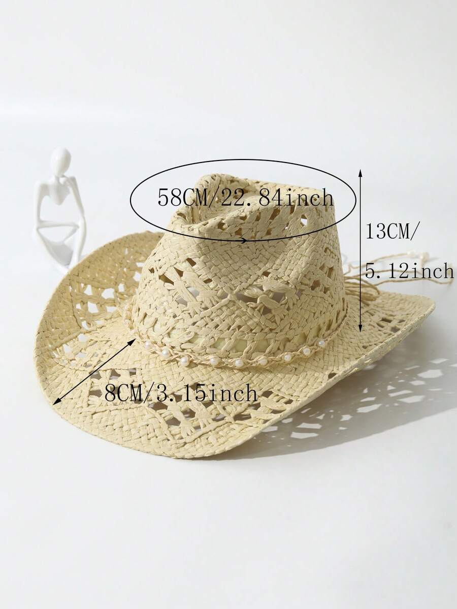 Unisex Pearl Decorated Hollow  - Cowboy Hat Straw 评论和价格