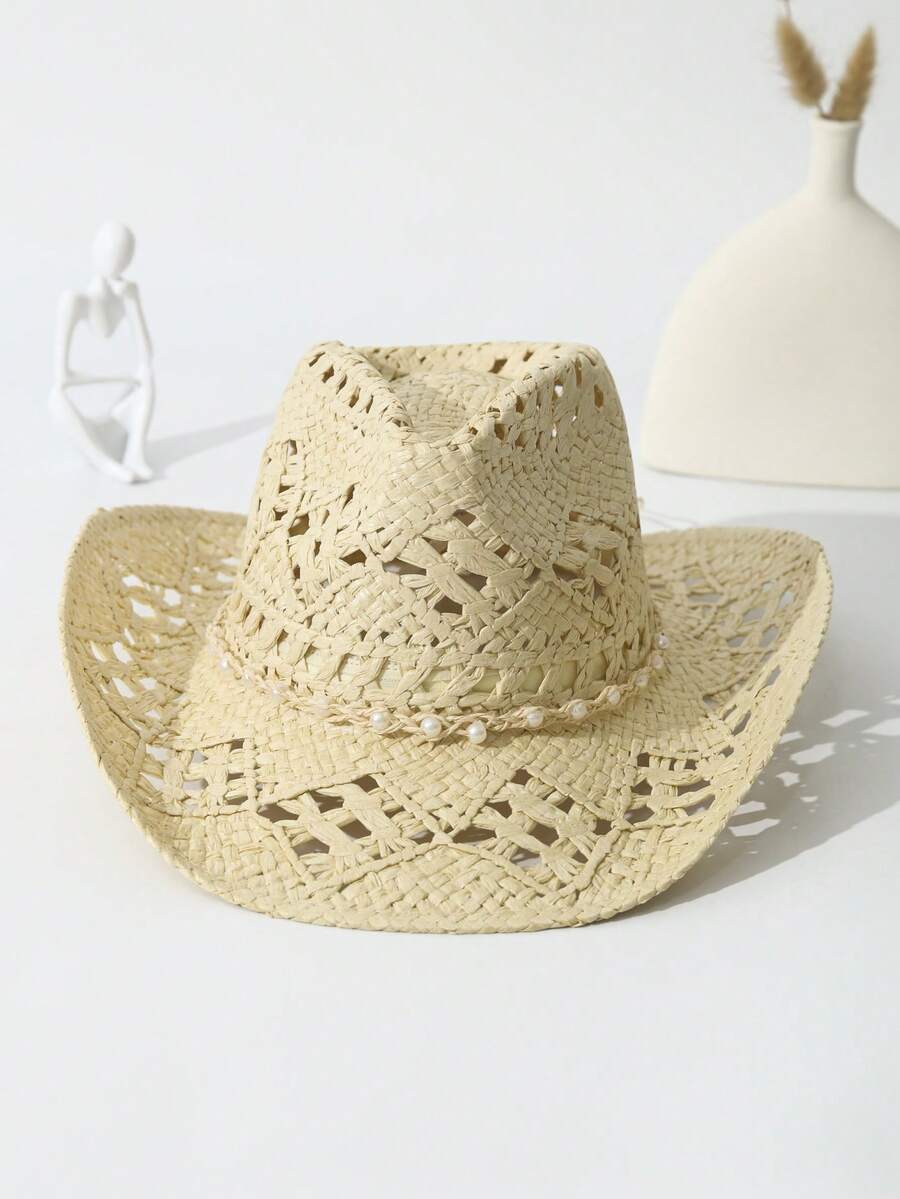 Unisex Pearl Decorated Hollow  - Cowboy Hat Straw 评论和价格