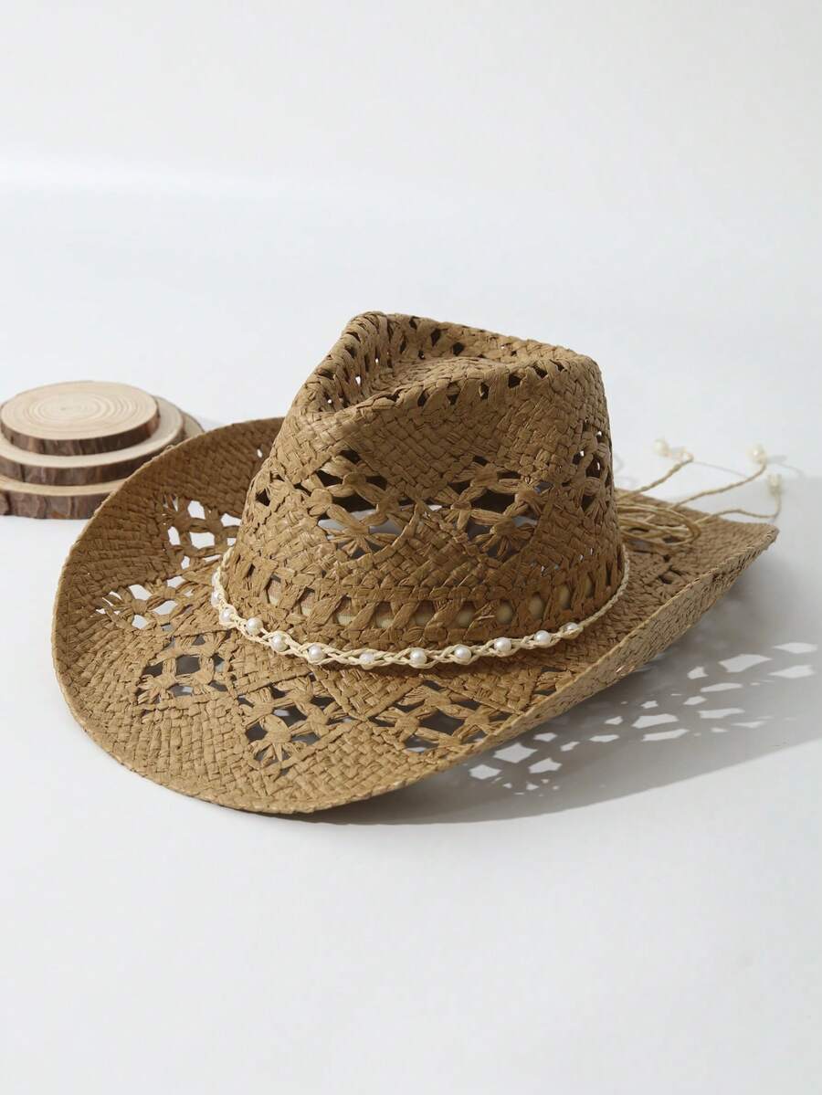 Unisex Pearl Decorated Hollow  - Cowboy Hat Straw 评论和价格